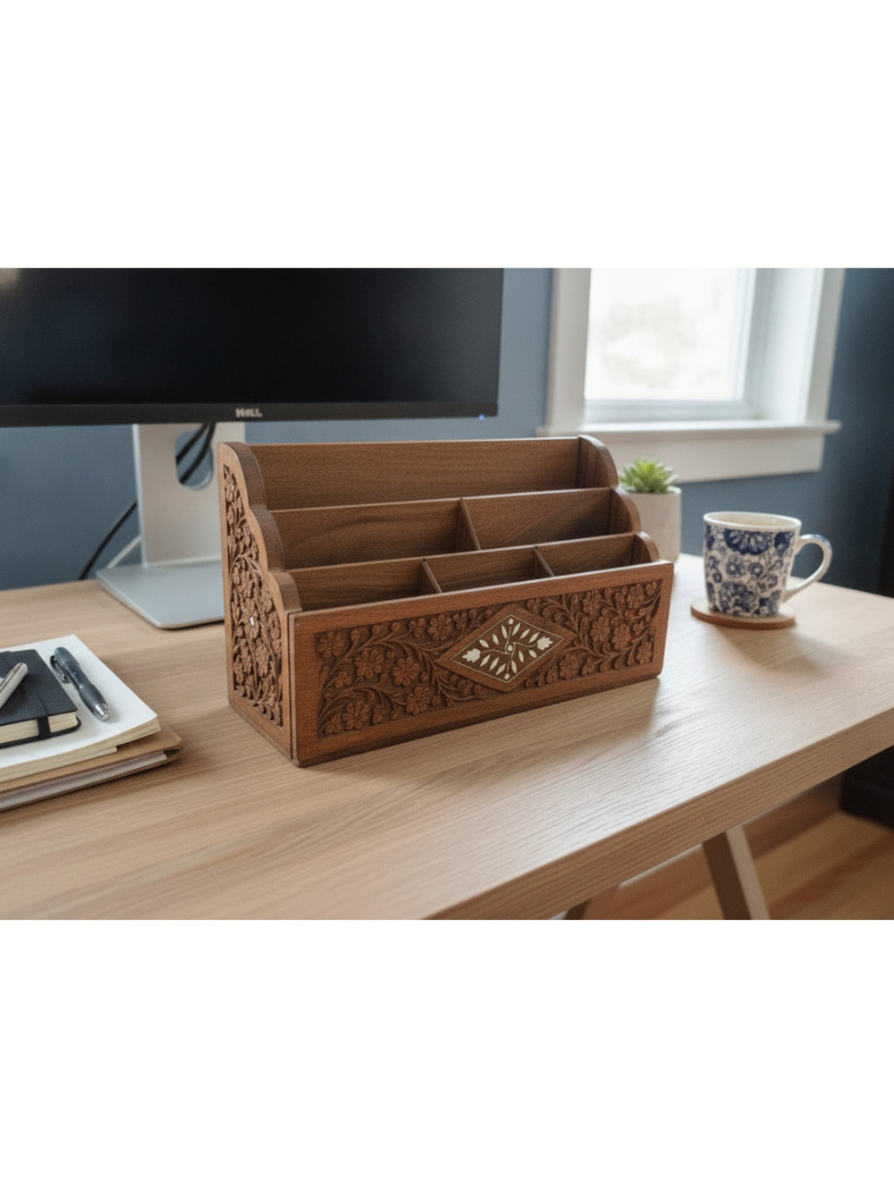 Vintage Intricate Floral Hand-carved Inlay Wooden Desk Organizer/Mail Holder